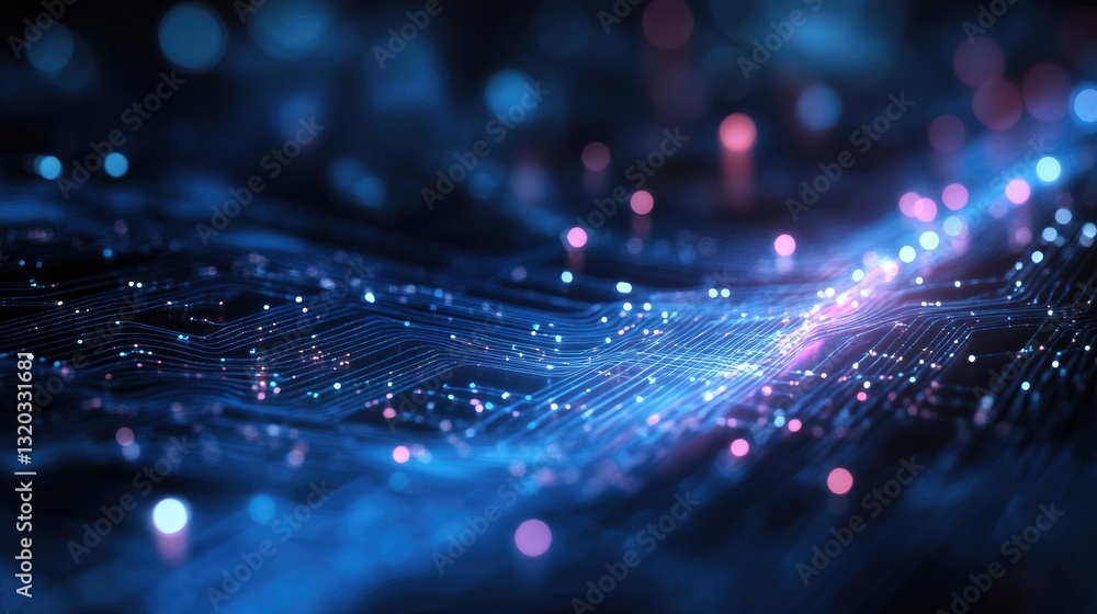 Poster quantum computing circuit board with futuristic energy waves flowing through it.