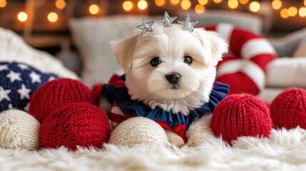 4th of July, Independence Day Maltese dressed in a ruffled red, white, and blue dress, a star headpiece, and a sparkler necklace 