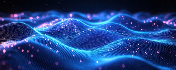 Fototapeta premium Futuristic Hexagonal Grid Wave with Glowing Particles and Neon Lights in a Surreal Digital Landscape