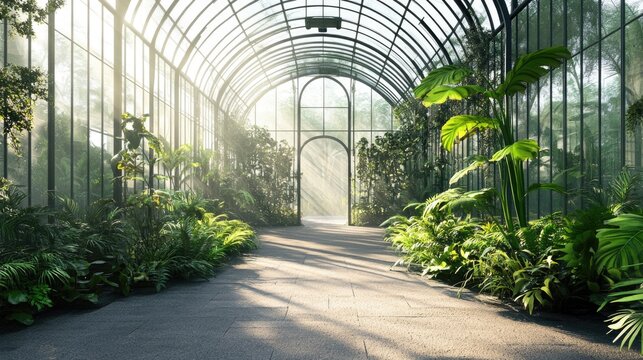 A light filled glass greenhouse showcasing many lush green plants