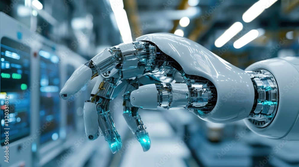 Poster robotic arm holding a precision-machined mechanical part in an automated assembly plant.