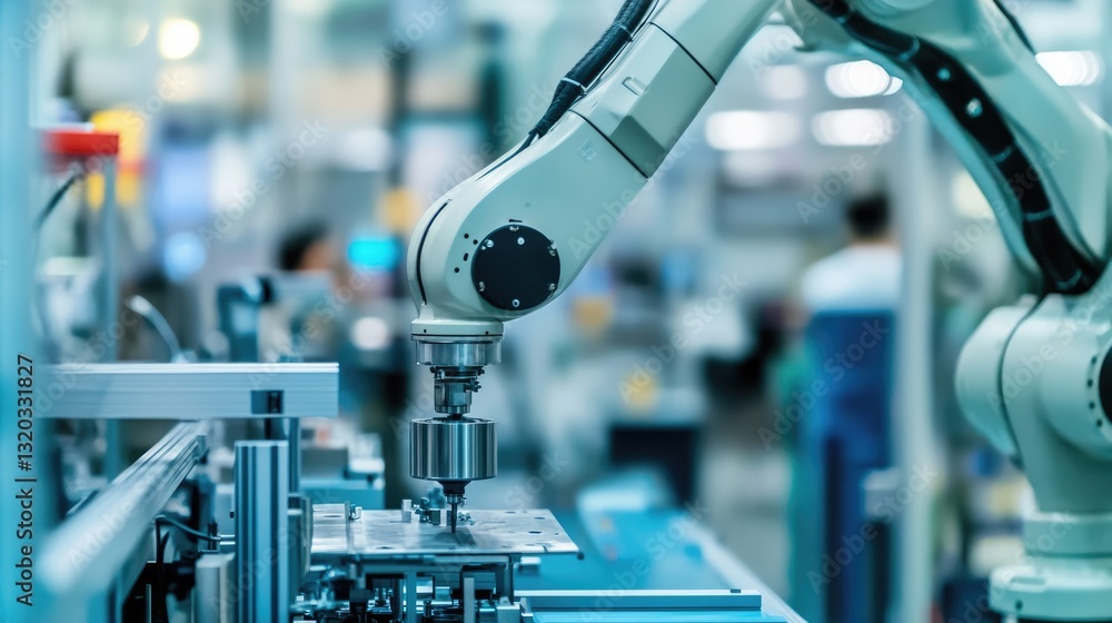 Poster robotic arm holding a precision-machined mechanical part in an automated assembly plant.