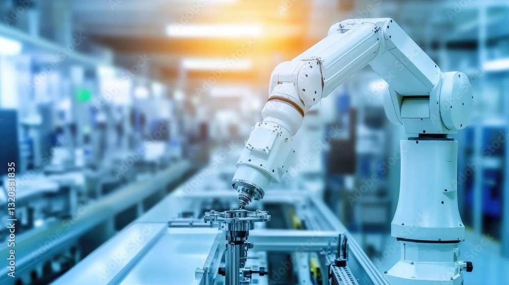 Aufkleber robotic arm holding a precision-machined mechanical part in an automated assembly plant.