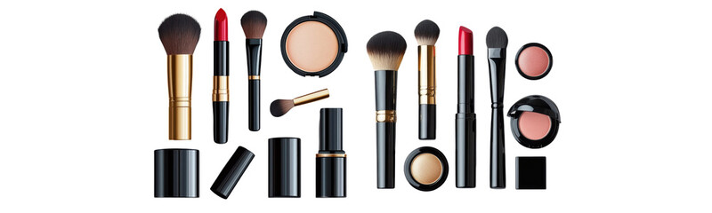 makeup brushes and cosmetics set on white background