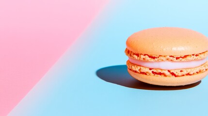 close up of a single macaron on a light background with copy space.