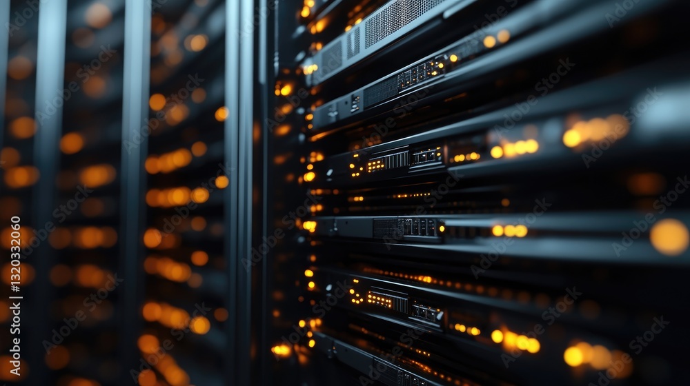 Poster server rack with blinking led lights, representing modern data processing centers.