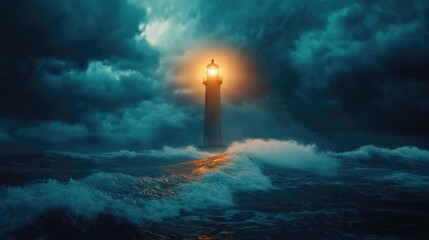 Obraz premium A lighthouse shines brightly through a stormy ocean night
