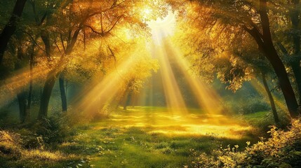 Sunbeams pierce a golden forest clearing. Ideal for nature, peace, and tranquility themes, evokes serenity.