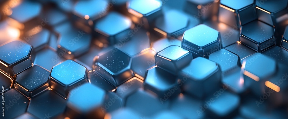 Wall mural futuristic honeycomb structure with shimmering blue and orange lights and precise geometric patterns