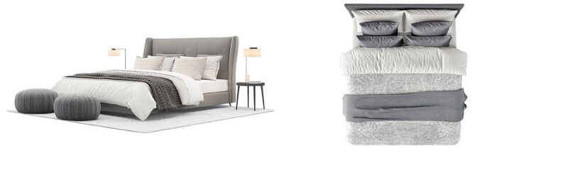 grey upholstered wingback bed with white bedding and grey throw