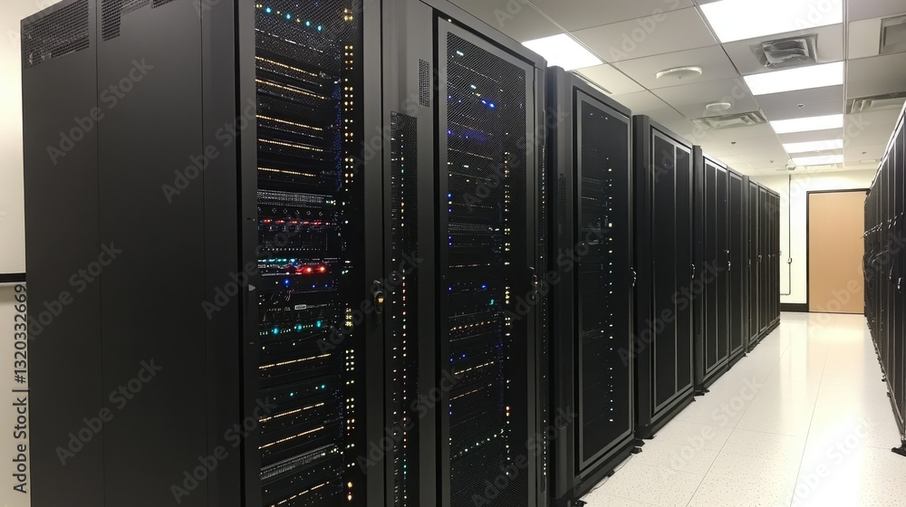 Poster supercomputer server room with high-powered cooling systems and led status displays.