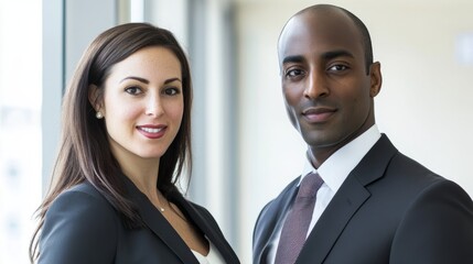 Multiethnic professionals in formal attire, exuding confidence and teamwork in a modern office setting.
