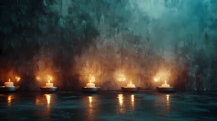 Fototapeta premium Mystic Candlelight: A row of softly glowing candles casting a warm, ethereal light against a textured backdrop, creating a sense of peace and serenity