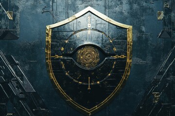 Naklejka premium Cybernetic shield design with robotic eye illustrates AI influence in cybersecurity domain