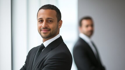 Fototapeta premium Multiethnic professionals in formal attire, exuding confidence and teamwork in a modern office setting. 