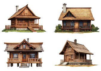 wooden houses collection on transparent background