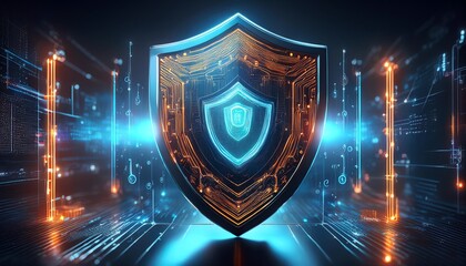Fototapeta premium A futuristic digital shield symbolizing cybersecurity with glowing circuitry and neon accents, representing protection in the digital realm.