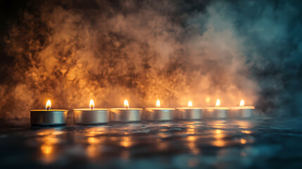 Obraz premium Mystic Candles: A row of lit candles cast a warm, inviting glow amidst swirling mists, creating a serene atmosphere in a mysterious, dimly lit space.