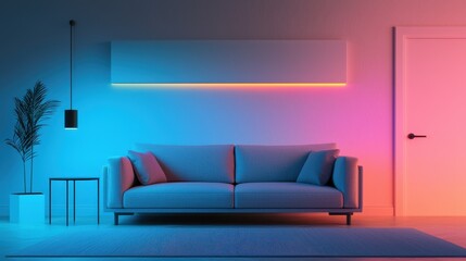 automated efficiency optimization performance concept. Modern living room with colorful lighting and stylish furniture.