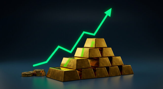Gold Bars Pyramid with Rising Green Arrow on Dark Background