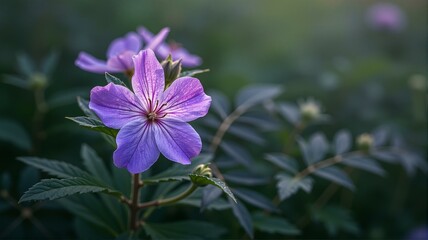 Fototapeta premium A pink flower on top of green leaves.