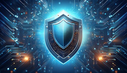 Fototapeta premium A digital shield symbolizing cybersecurity, surrounded by glowing circuits, representing protection and technology.
