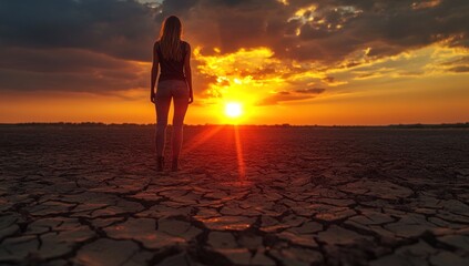 silhouette of a woman amidst cracked earth witnessing the vivid hues of a dramatic sunset panorama