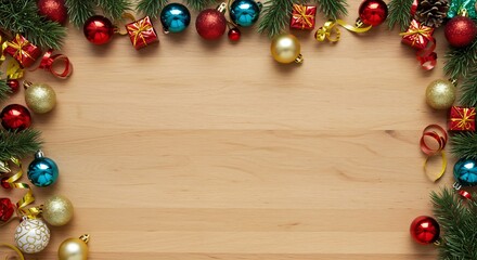 木目背景に輝くクリスマスオーナメント 華やかで温かい雰囲気