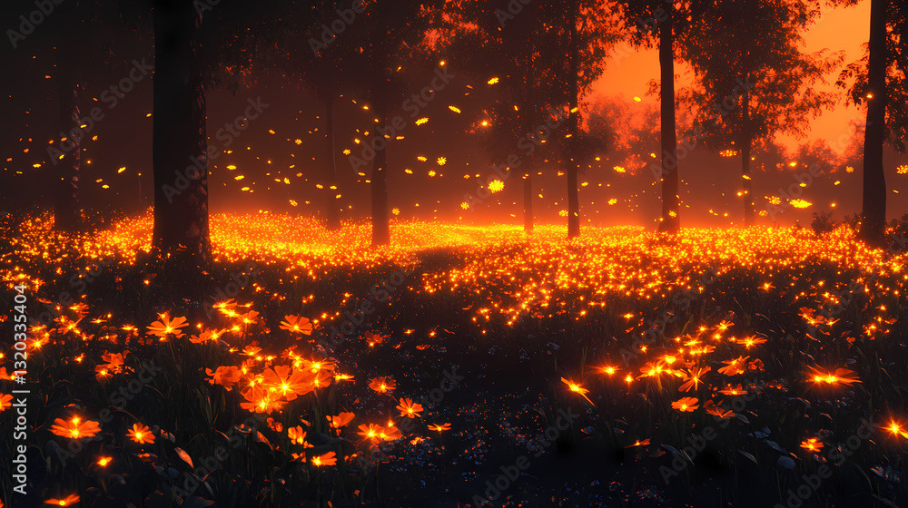 Poster enchanted forest: a captivating scene unfolds as a forest floor is illuminated by countless magical 