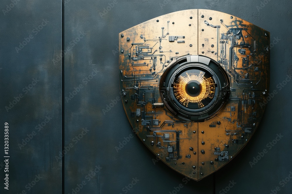 Poster shield featuring cybernetic patterns and robotic eye represents ai in cybersecurity, created with ru