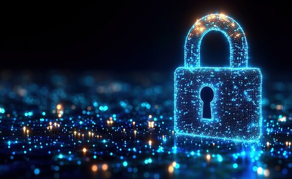 Glowing polygonal wireframe padlock with interconnected dots and lines on abstract blue background, cybersecurity concept vector design for data protection, network security banners or futuristic tech