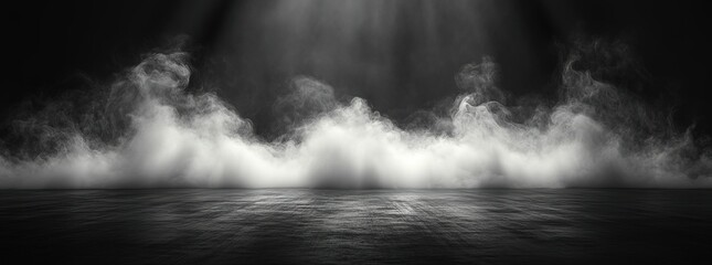  Mysterious fog and smoke effects on black gradient background with floor light beams, abstract atmospheric visuals for tech product launches, book covers or music album art design.