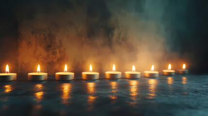 Candlelit Vigil: A row of softly glowing candles illuminates a dark, textured surface, creating a serene and contemplative atmosphere with smoke in background. 