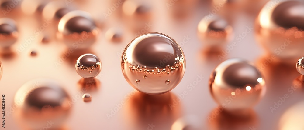 Poster glowing metallic spherical orbs floating on a shiny reflective surface with gradients and lighting e