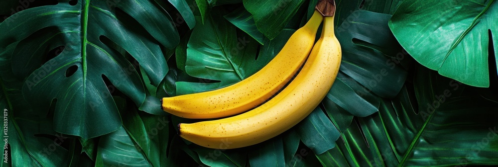 Poster bananas complementing vibrant tropical leaves in natural light with an appealing aesthetic and harmo