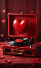 A red heart is displayed on an old fashion record player.