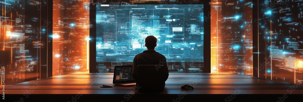 Leinwandbilder Student engages with AI powered virtual learning environment while sitting at laptop in a modern study space