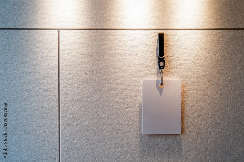 Poster minimalist work badge hanging on textured office wall in soft lighting with balanced composition