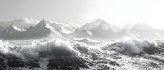 Obraz premium Dramatic turbulent seascape with powerful crashing waves and towering rugged mountain peaks enveloped in moody atmospheric mist A striking monochrome landscape capturing the raw