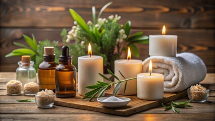 A serene spa arrangement featuring candles, essential oils, and natural elements, creating a calming atmosphere.