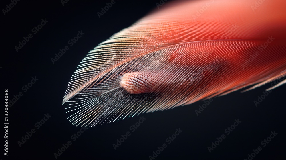 Poster macro shot of a delicate red feather, its fine barbs illuminated by soft sunlight, showcasing intric