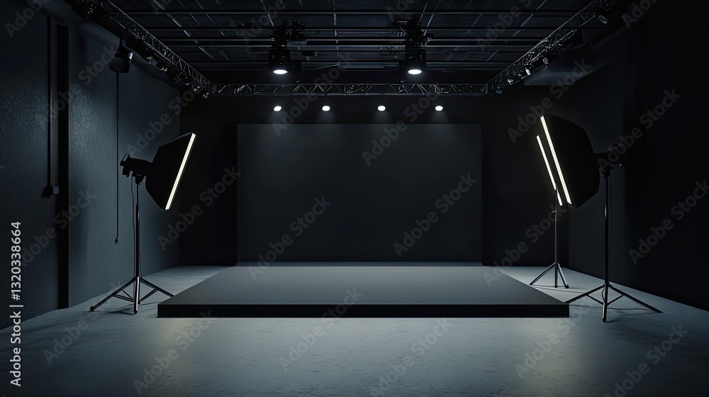 Poster elegant black stage setup with soft ambient lighting and sharp shadows for professional product phot