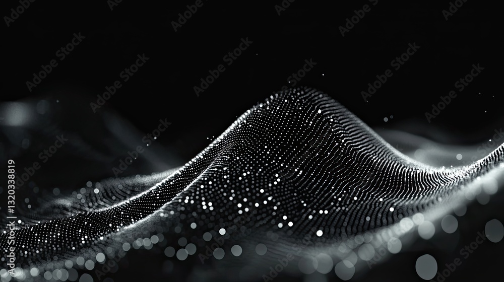 Poster elegant flowing dots in wave formation, dynamic motion effect with depth and dimension