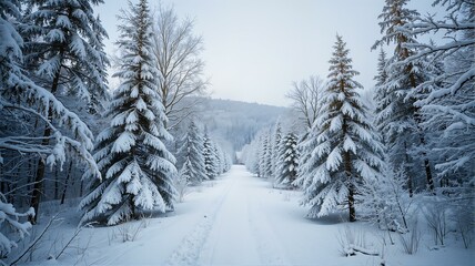 A snow covered forest with trees on both sides of an empty trail.