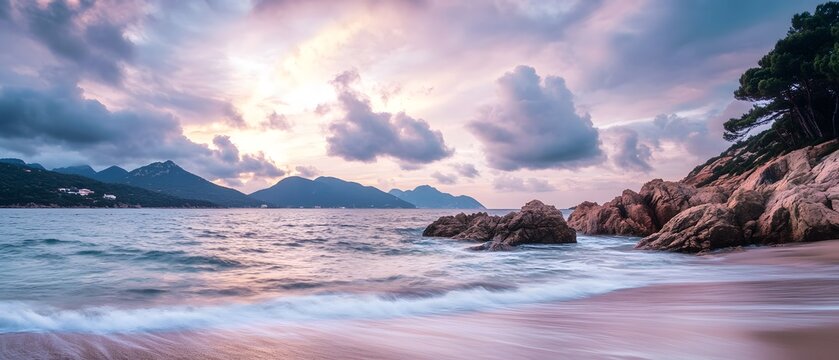 Breathtaking sunset seascape with waves crashing against rugged rocky coastline and dramatic moody clouds in vibrant colors reflecting on the tranquil ocean surface