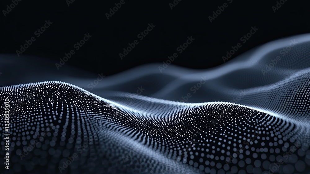 Poster elegant flowing dots in wave formation, dynamic motion effect with depth and dimension