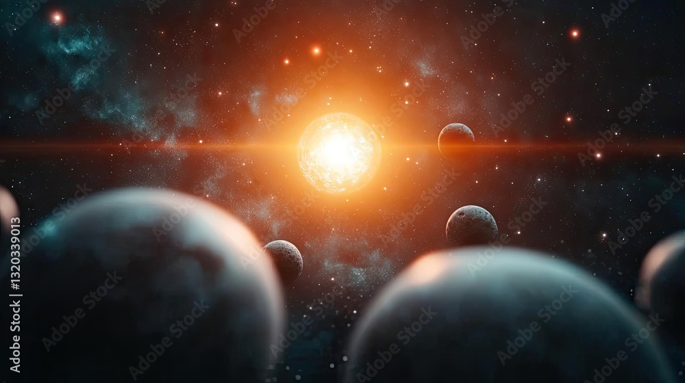 Poster dark sky concept. a mesmerizing view of a star illuminating distant planets in outer space.