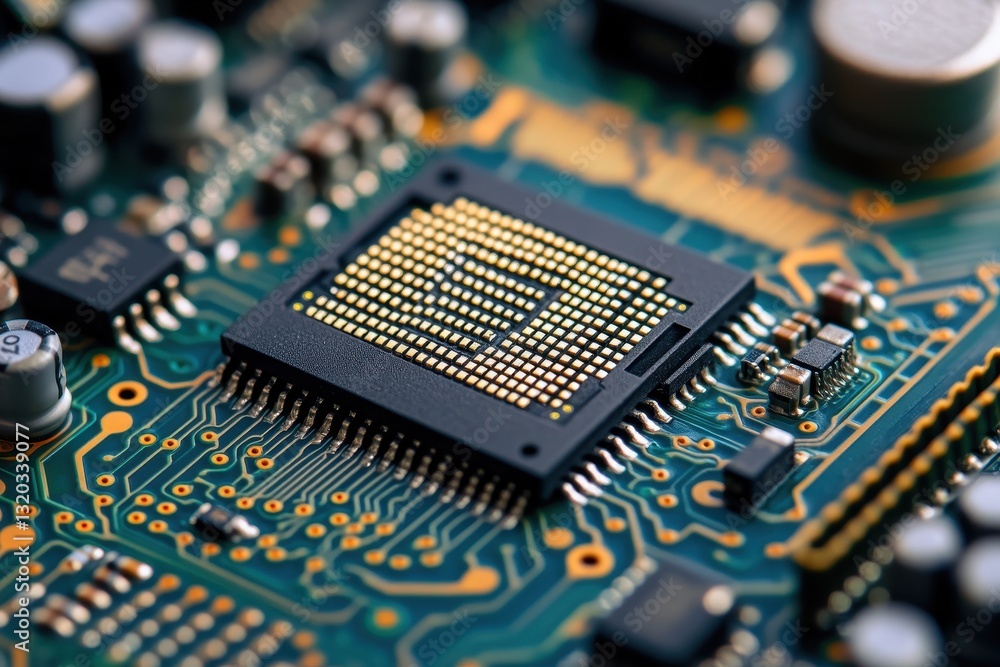 Poster close-up of a microchip on a circuit board, showcasing intricate details. illustrates technological 