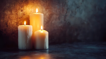 Candlelight Serenity: A trio of lit candles casts a warm, flickering glow against a textured, dimly lit backdrop, creating a scene of tranquility and introspection.