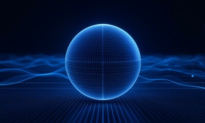 A sphere made up of dots with waves in background.